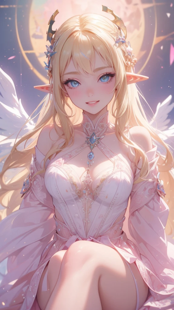 work of art, epic details, ultra detaild, best resolution, blonde, (elf goddess), crown with crystals ((rosto angelical)), eyes locked, (biting lower lip in a sexy way), sculptural body, pink scenery, White and pink clothes, Grinning, happy, expression of contentment, (glad) (great smile), sitting, cross legs