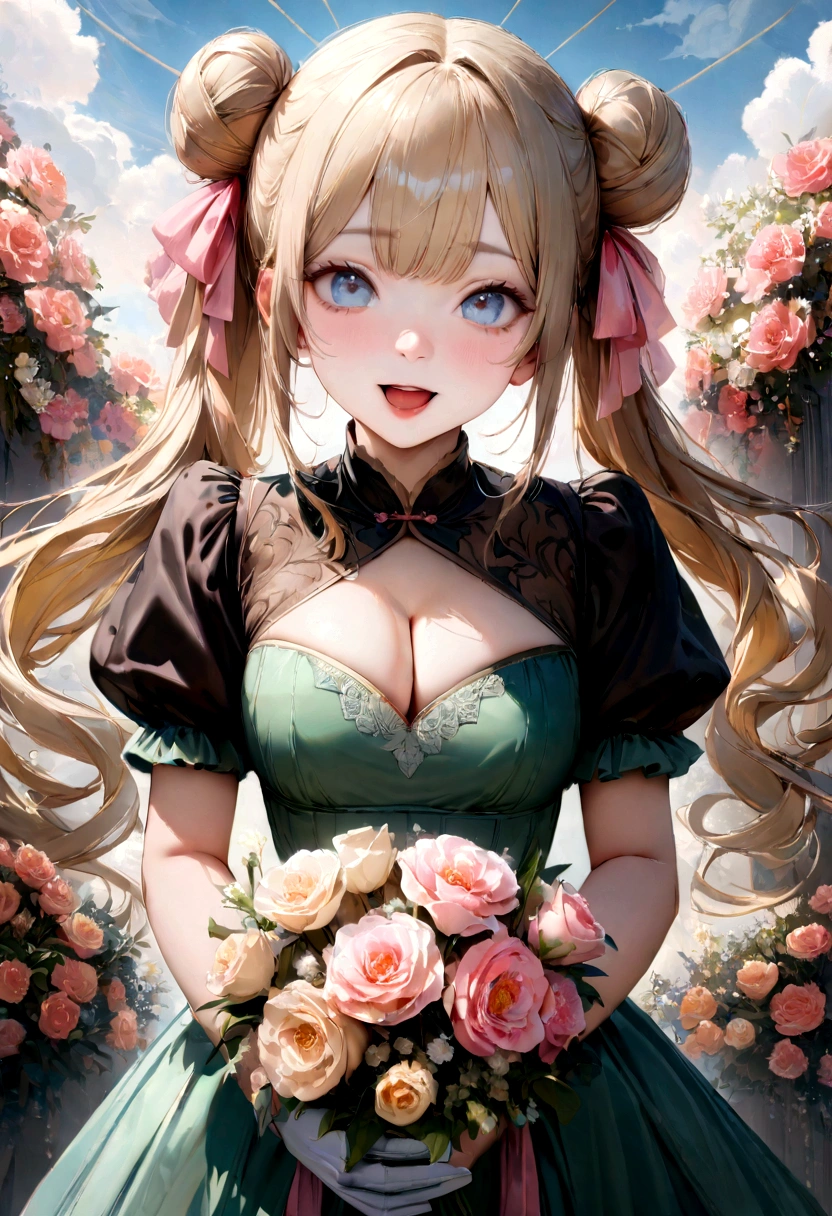 20 years old,1 girl,hyperrealistic, 8k, (extremely detailed 8k), (very delicate and beautiful), (masterpiece), (better quality:1.0), (ultra high resolution:1.0), (masterpiece, best quality), cute,blonde,cleavage cutout,(broen dress:1.3),(crop top navel:1),gleaming skin,twintails,twin bun,a pink ribbon on the head,long hair,pastel green frill Chinese-made dress,white long gloves,hold a bouquet of flowers,face and body straight at the camera,a bunch of flowers,POV,bust shot,white frill,puffy sleeves,surrounded by flowers,laugh with open mouth,tareme,sky blue eyes
