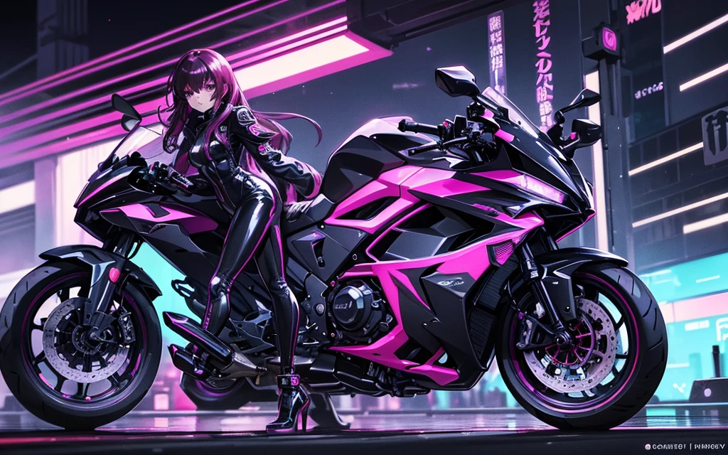 He transports me to a cyberpunk world full of mystery and futurism. I imagine this anime girl on her cyberpunk motorcycle, surrounded by neon lights in a night city. His purple and black suit., The shiny chains and her red hair create an intriguing image.. The motorcycle, with its shiny surface and cat-shaped helmet, adds a touch of enigma. He'it's like her'You're ready for an exciting nighttime adventure.!! .