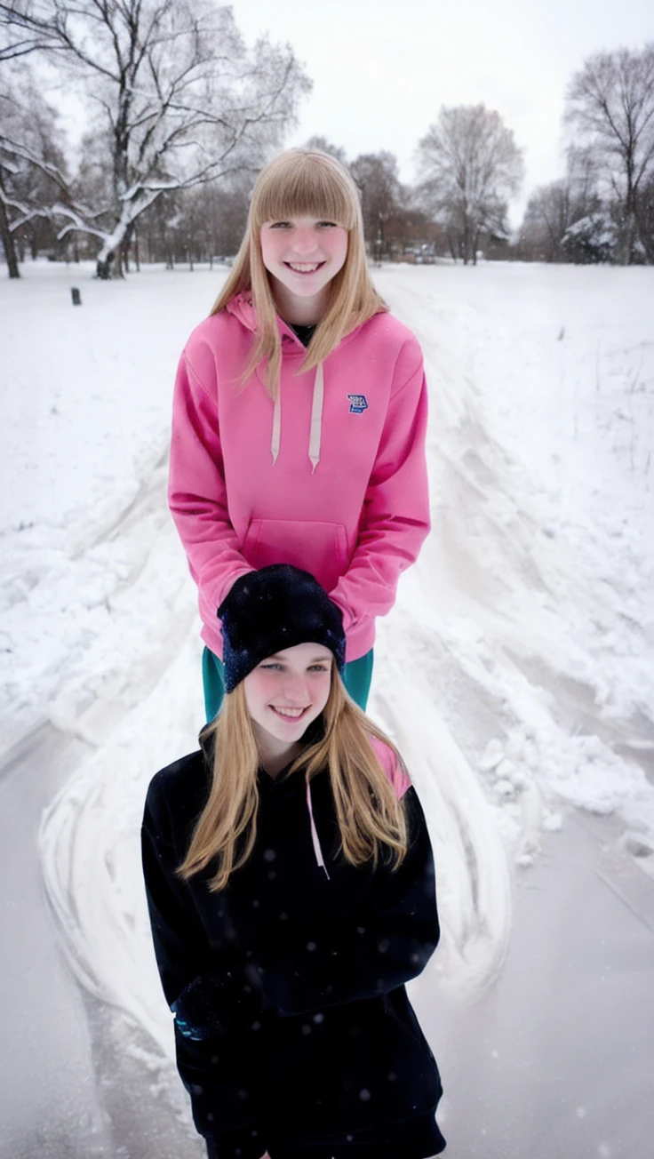 Pale natural blonde teenage girl with bangs and blue-green eyes wearing a black sweatshirt and pink pants taking a photo in the snow smiling full body