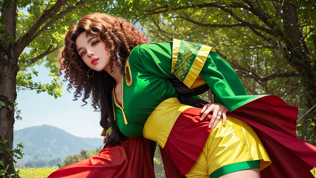 A beauty europe girl black curly haired, in a green, red and yellow outfit posing in front of the camera, colorful background, photorealistic, high resolution flowing curly hair, wearing a vibrant and matching shorts in red, yellow and green. The lighting should be bright and natural, high resolution and sharply focused on the woman, creating soft highlights and shadows on her face and body. She must appear elegant and comfortable, posing with one hand on her hip, Ultra HD 4k