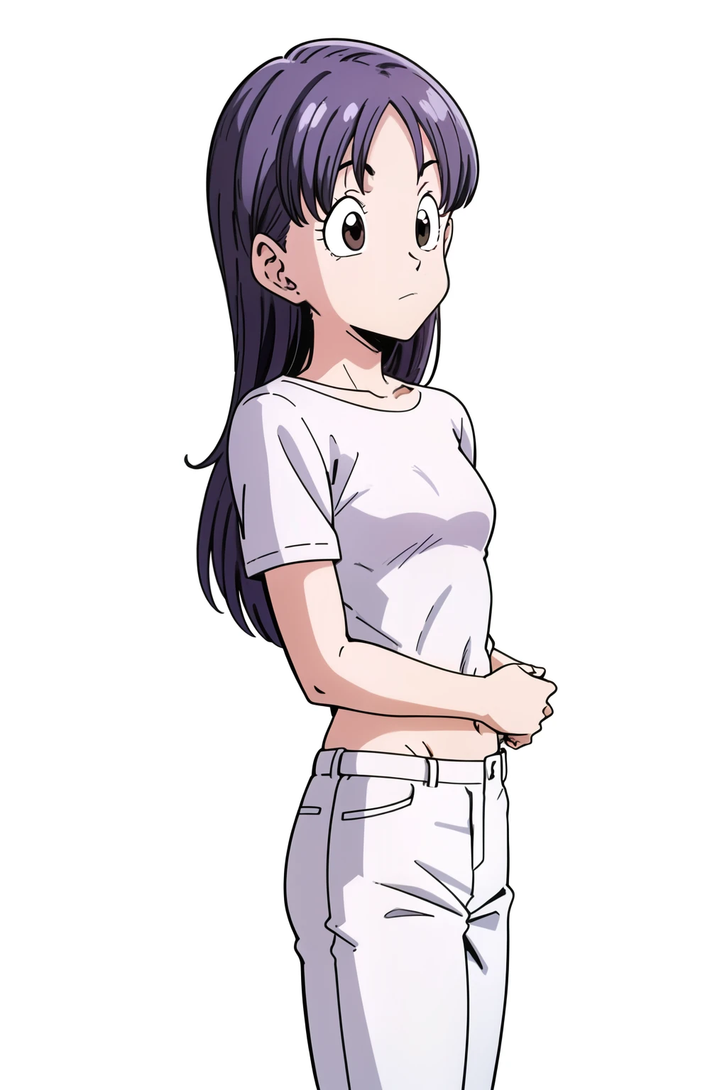 picture？聞こpictureない, Bloomers, Cell Saga, Semi-long hair, Purple Hair, Close-up, No bangs, Brown eyes, One girl, alone, Hands in the ears, Hands in the ears, White shirt, White pants, Baggy pants, From the side, Look to the side, Wind, eyelash, From the chest up, Raise your eyebrows, Listen carefully, White background,