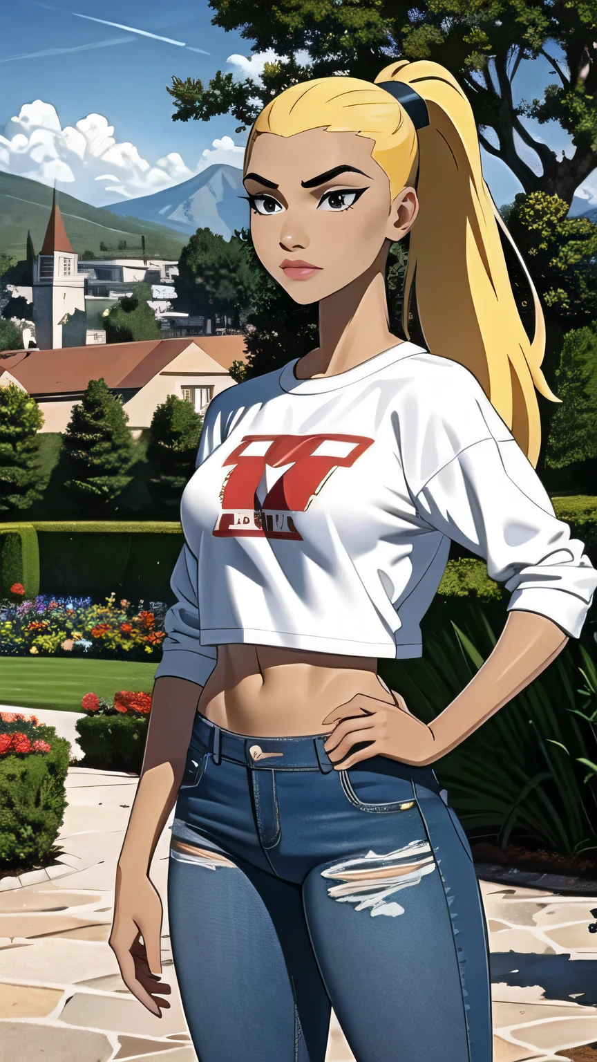 (cowboy shot), (masterpiece, best_quality, ultra-detailed, immaculate:1.3), epic, illustration,
BREAK
ArtemisYJ, ponytail,super long hair,
(Crop plan White t-shirt ),jeans,jacket ,medium breast 
BREAK
(courtyard, garden, outdoors, gorgeous view)