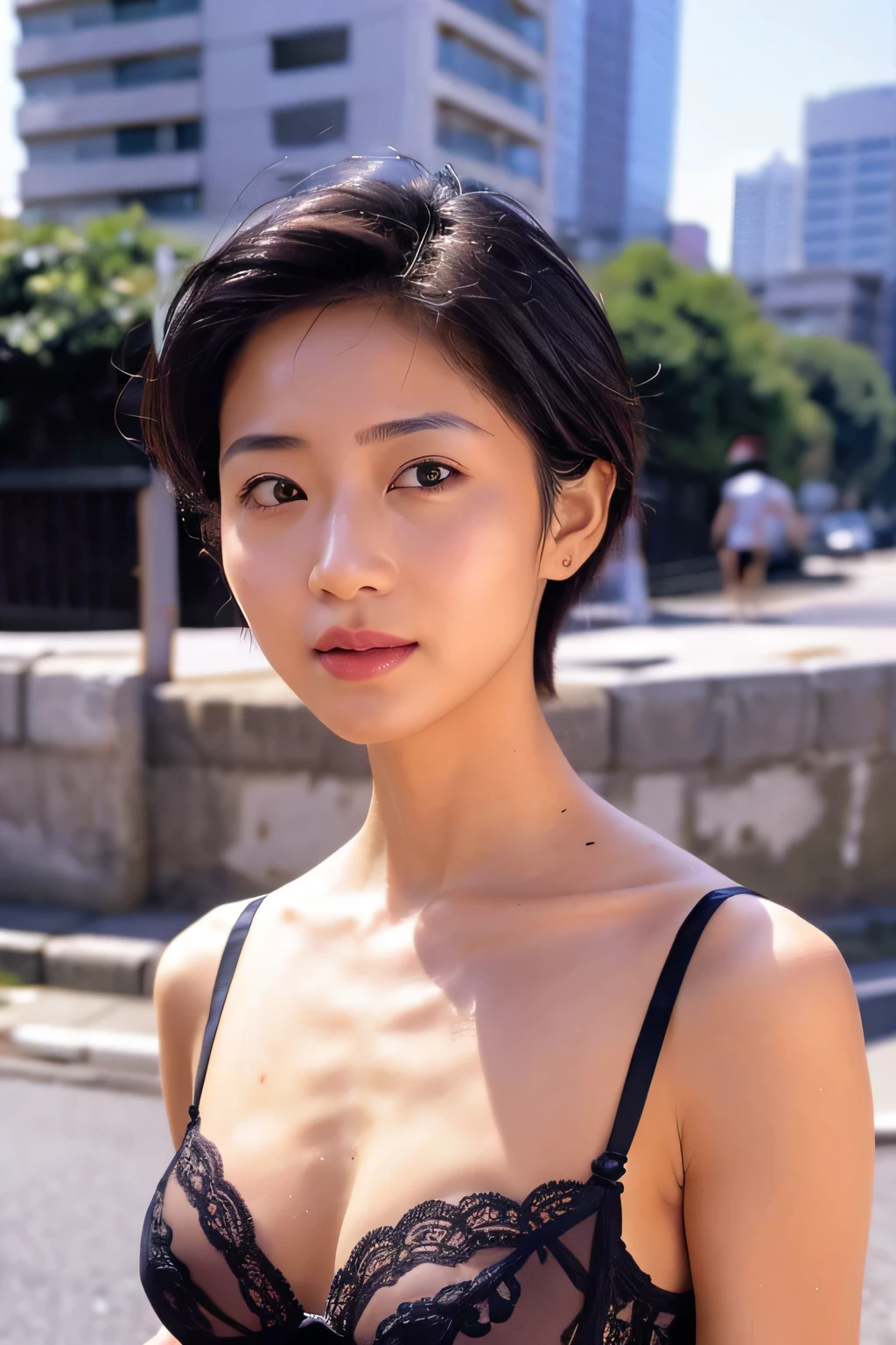 NSFW:1.5,((highest quality、8K resolution、master masterpiece、portrait:1.3)), Photoreal, 35mm film, 1 Japanese female, Upper body、on the street during the day, wrinkles around the eyes、plump body、cleavage、short hair、smile,((black lingerie:1.3)) , (outdoor:city street 1.3), jumbled background,look at the audience,Tokyo cityscape:1.3