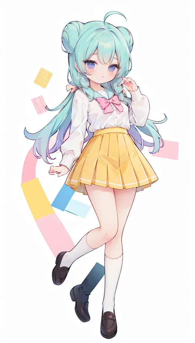 masterpiece, best quality, high resolution, white simple background, standing, slim waist, cute, sailor uniform, pink bow tie, yellow skirt, knee high long socks, (Pastel Colors: 1.3), full body