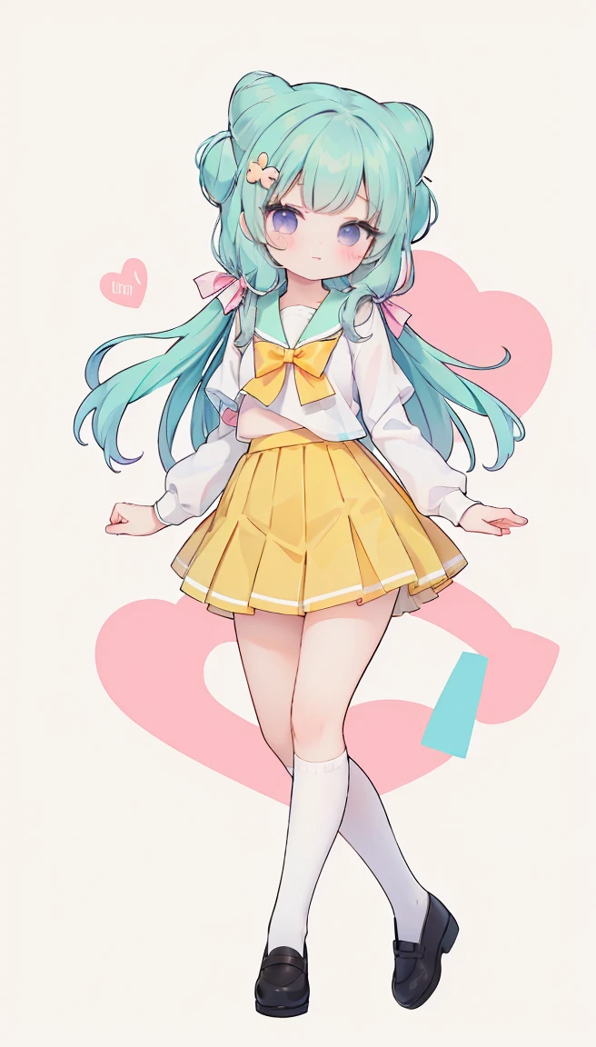 masterpiece, best quality, high resolution, white simple background, standing, slim waist, cute, sailor uniform, pink bow tie, yellow skirt, knee high long socks, (Pastel Colors: 1.3), full body