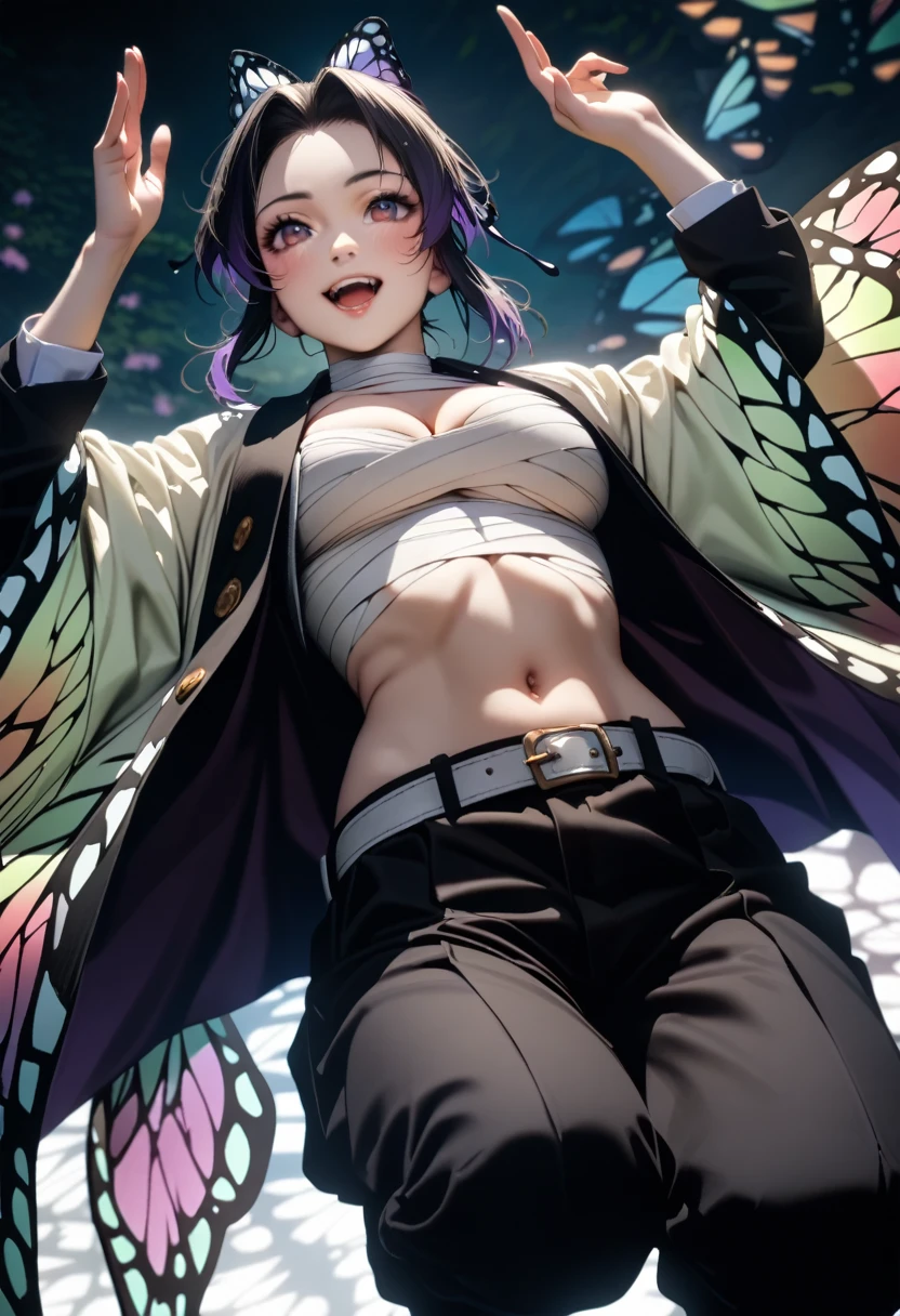 k0ch0ush1n0bu, shinobu kochou, black hair, ((flying many butterfly background:1.5)), butterfly hair ornament, butterfly print, forehead, gradient hair, hair ornament, haori, multicolored hair, parted bangs, purple hair, short hair, two-tone hair,belt, black pants, butterfly print, coat, demon slayer uniform, haori, japanese clothes, pants, uniform,,1  japanese muscular girl,perfect hands,perfect anatomy, masterpiece, best quality,realistic, hyperrealistic, 16k hdr,medium breasts,outdoor,night,japanese old garden,(smile:0.6),red blush,dynamic pose,dynamic angle,(flying jumping like a butterfly,in the air:1.5),(from below,:1.2) ,(open jacket to neck,sarashi,cleavage,navel:1.2),