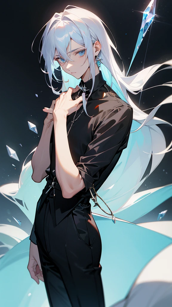 ChatGPT
Age: 17 years old
Hair: White, possibly prematurely gray, giving him a distinguished and somewhat mature look for his age.
Eyes: Light blue, which contrasts strikingly with the white hair.
Attire: He wears a simple black shirt with crystal details that subtly and elegantly reflect light. He completes the look with black dress pants, where a delicate chain in the pocket adds a touch of understated sophistication.