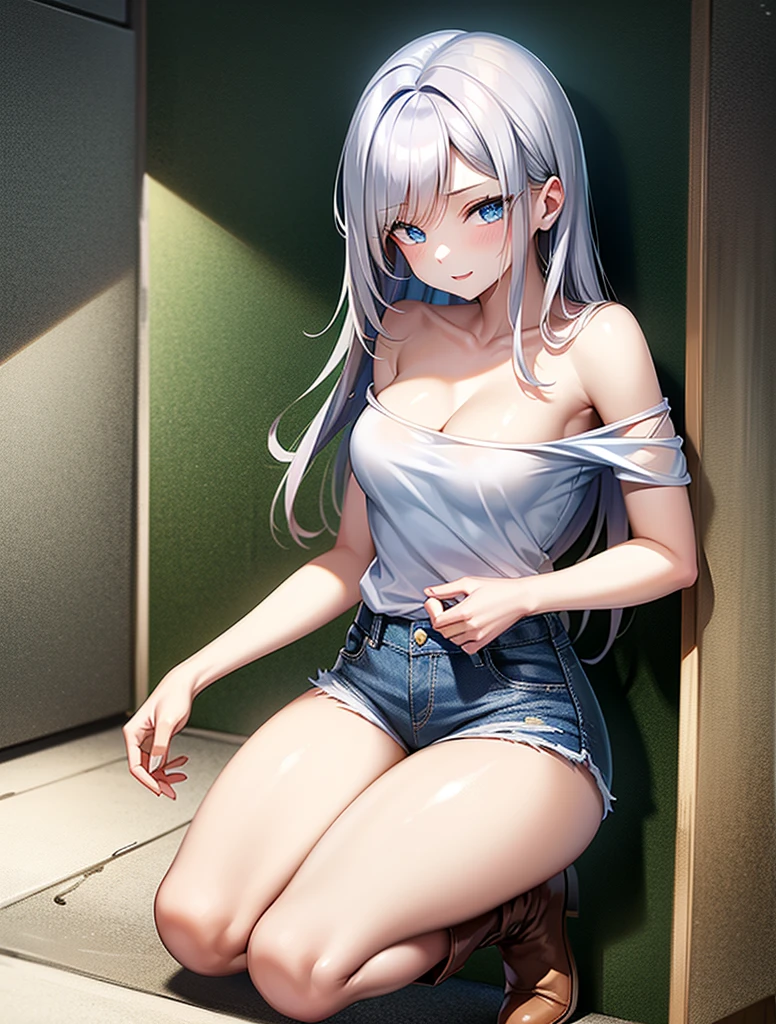 sexy young girl, long haired redhead with blue eyes, Short white off-the-shoulder shirt, bright blue short jean shorts, mirada happy, happy, short brown boots, with a second  with gray hair and blue eyes