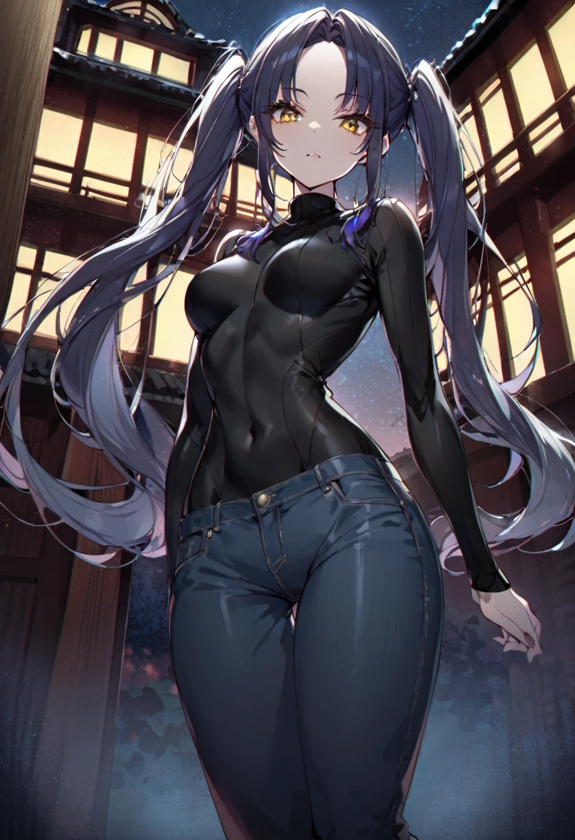(One very tall woman,Dark navy blue hair,Her hairstyle is twin tails that expose her forehead.,Medium chest,yellow eyes)Black Techwear,Jeans pants,Background is a Japanese mansion at night,Shading