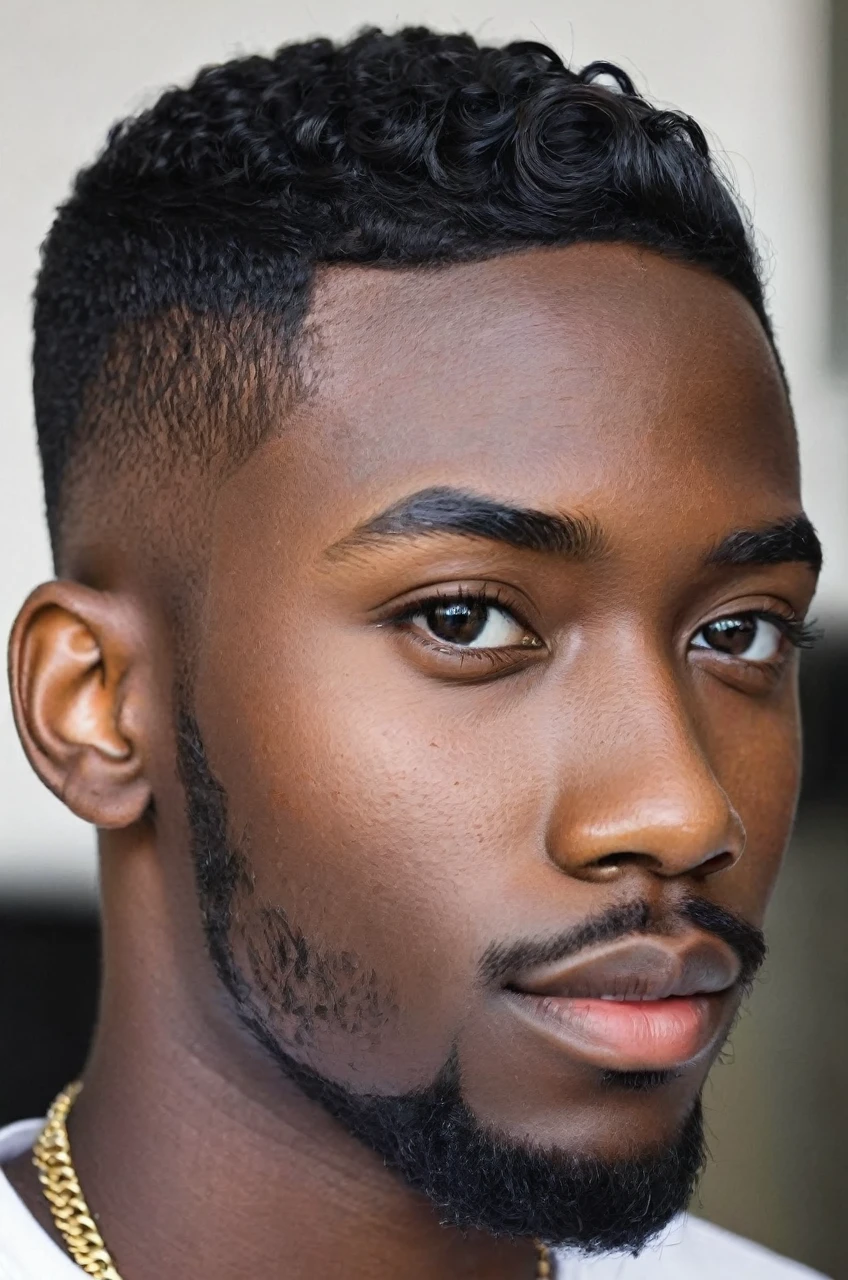 Black 25 yrs old male, black skin, lower fade hair cut