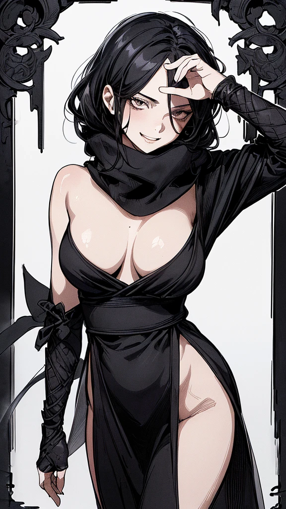 top quality, (background details), high contrast, one very beautiful woman, detailed original illustration, functional, delicate face, ninja, black ninja costume, black hair, scarf, face hidden by hand towel, charming, bad girl, sexy, real breasts, crazy smile, crazy eyes, black background, (black background: 1. 5), beautiful Line drawing, monochrome