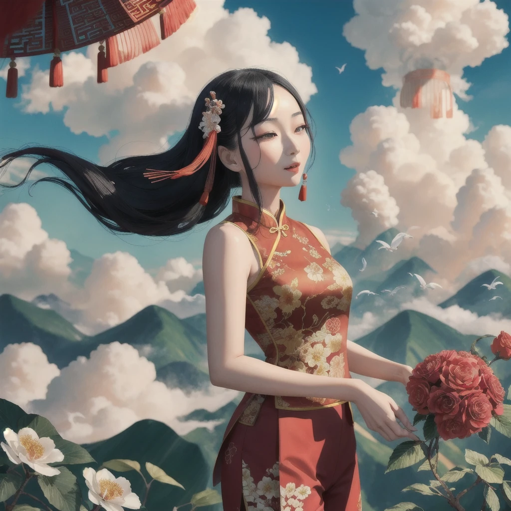 一条很Domineering的中国龙，Pang Xuan in the clouds，身边围绕着五颜六色的Flowers，Chinese Arts，color，Domineering，Flowers，4k HD，