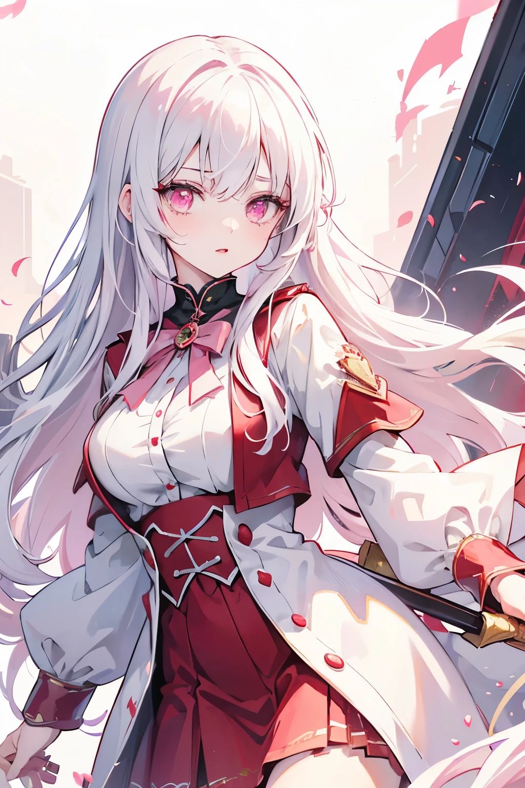 No hero; girl with long white hair and pink eyes wearing red lipstick dressed as love heroine manipulated love energy in hero pose.
