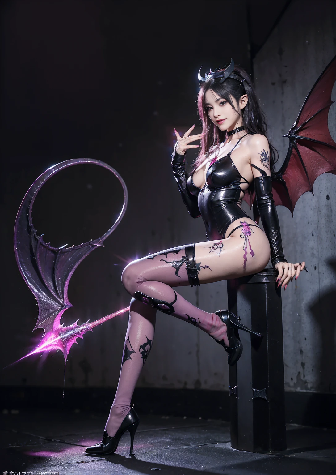 best quality, masterpiece,ultra detailed, official art,(extremely detailed CG unity 8k
wallpaper), (masterpiece), best quality, illustration, (powerful), art oflight, artist style, beautiful detailed star sky,(((bat print black kneehighs ))), (cygames:1.4), (dark flame:1.3), Japanese light novel cover, grand scene, dark bodysuit,((fullbody)),((succubus tail)),
(beautiful detailedgirl), (((solo))),(((full body))),wet skin, (((demon queen))),
metal, complex pattern, beautiful detailed hair,red luminous eyes, longeyelashes,
((constricted pupils)),pointy ears, slit pupils,silver long hair,beautiful collarbone , (purple tattoo), (tattoo on leg), tattoo on arm, luminous gem on chest,(demon heart tail),demon fang, pointy ears,
((purple long fingernails)),(bat decorate soft armor), ((bat decorate high heels)),giant bat wings,(fingerless_gloves), bat print black garter belt, (elbow_gloves),fang out, a group of
bats, ((endured_face, open mouth, seductive smile, )),lingerie,
bat decorateanklet,bat decorate body,(presenting foot), (luminous tattoo),(queen),useing magical, (beautiful detalied hands), nfsw, (((pink steam from full body ))), ((2legs)) , ((neck biting)),