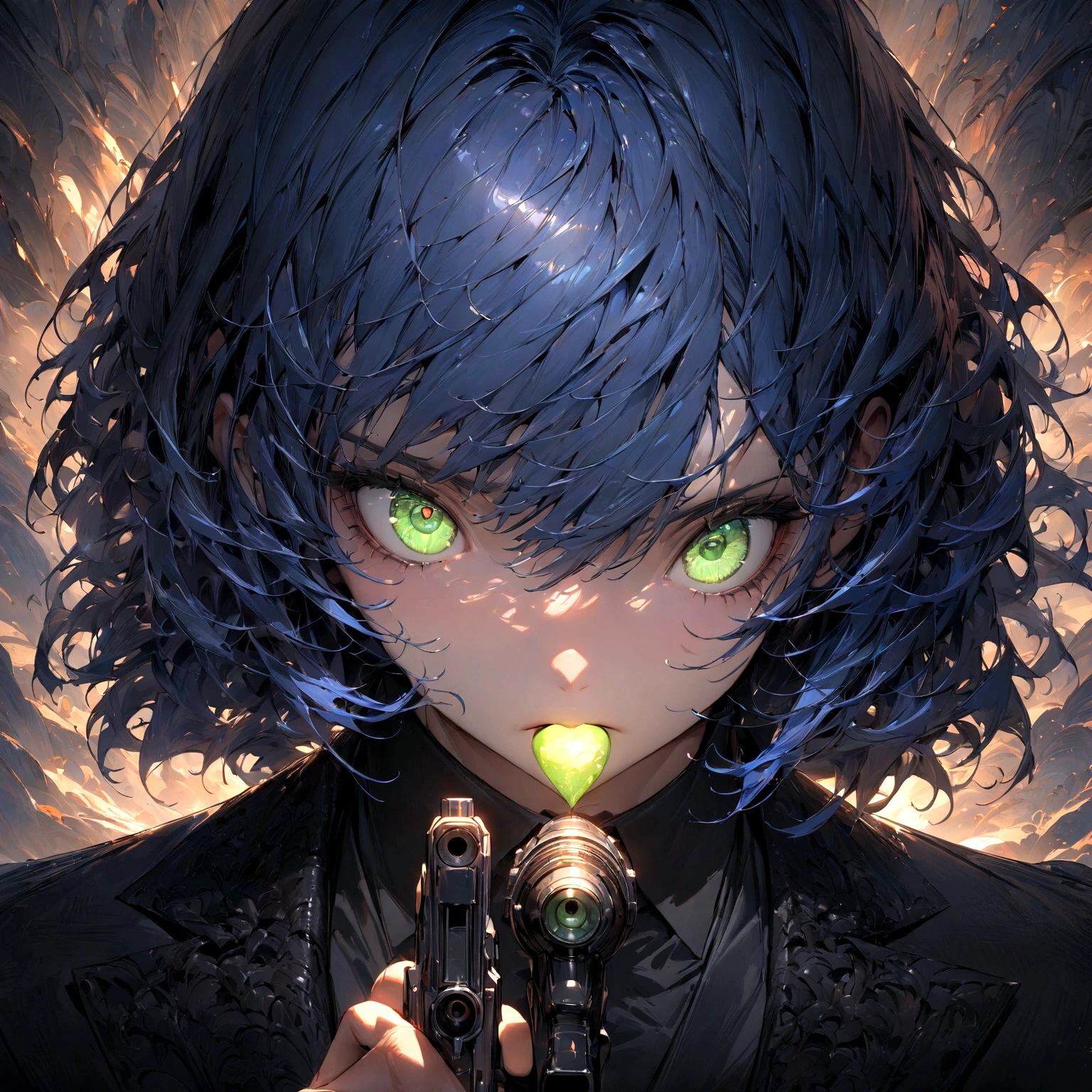 ((masterpiece:1.2, best quality)), (close-up:1.1), (from front, facing front:1.2), ultra detailed, Ultra-precise depiction, Ultra-detailed depiction, dramatic lighting, 1man, solo, blue hair, shiny green eyes, sharp almond eyes shape, flat expression, black suit, holding a pistol
