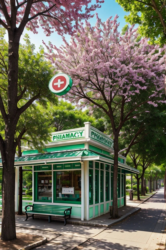 Create an image of a pharmacy that is next to a bench on a tree-lined street. 