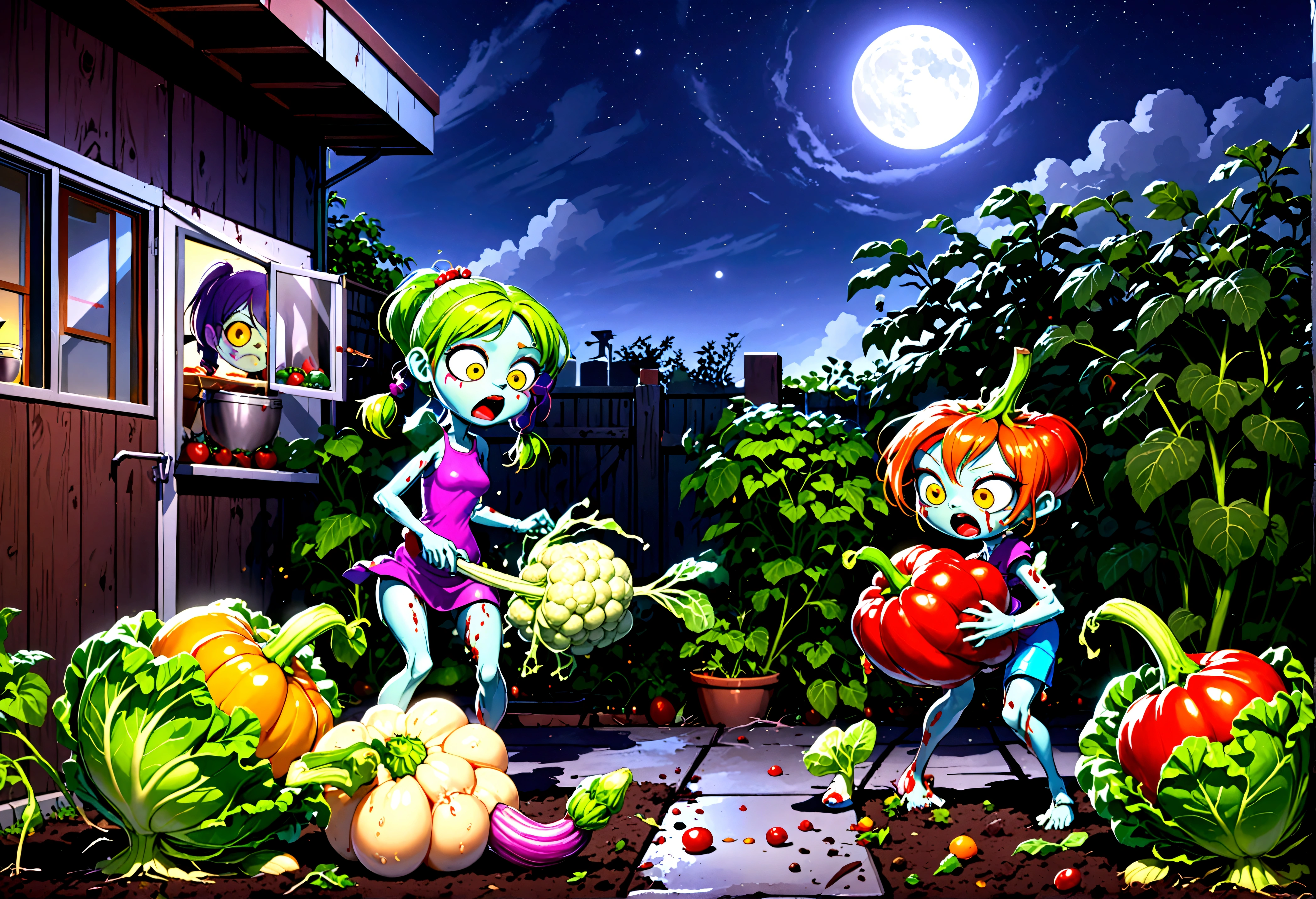 (16 bit video game) cartoonish battle field (Noble vegetable army) shoots at the charging zombie horde. Back yard garden, moonlit night, epic battle plants vs. zombies
