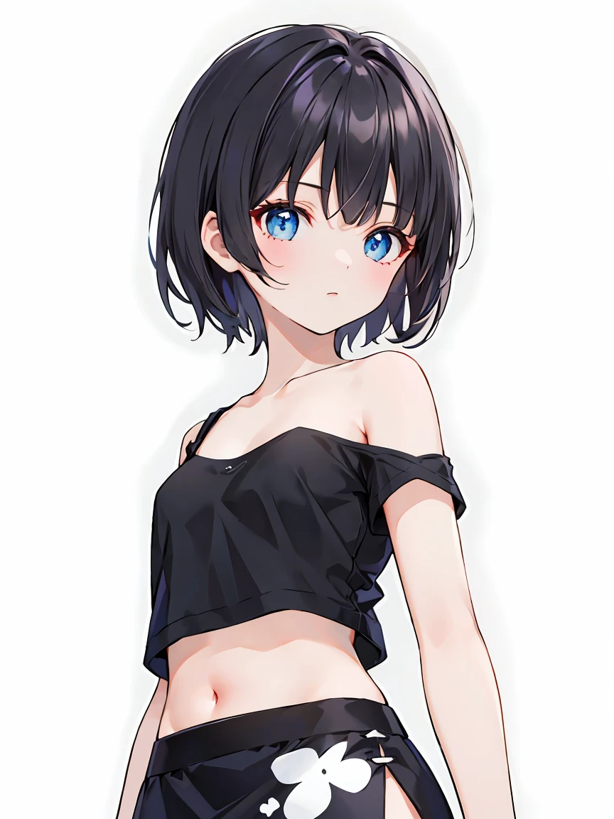 1girl, solo, blue eyes, (detailed eyes), flat chest, short hair, black hair, ((black t-shirt)), simple t-shirt, black skirt, black socks, standing, upper body, (white background), Transparent background, looking down, ((masterpiece, illustration, best quality)) 