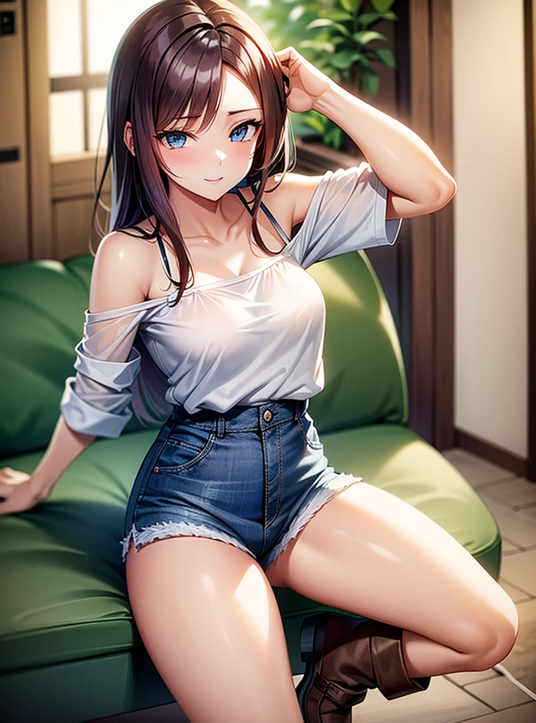 sexy young girl, long haired redhead with blue eyes, Short white off-the-shoulder shirt, bright blue short jean shorts, mirada happy, happy, short brown boots, with a second  with gray hair and blue eyes