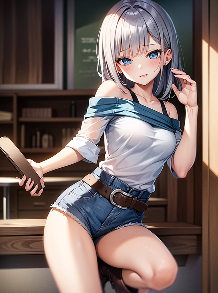 sexy young girl, long haired redhead with blue eyes, Short white off-the-shoulder shirt, bright blue short jean shorts, mirada happy, happy, short brown boots, with a second  with gray hair and blue eyes