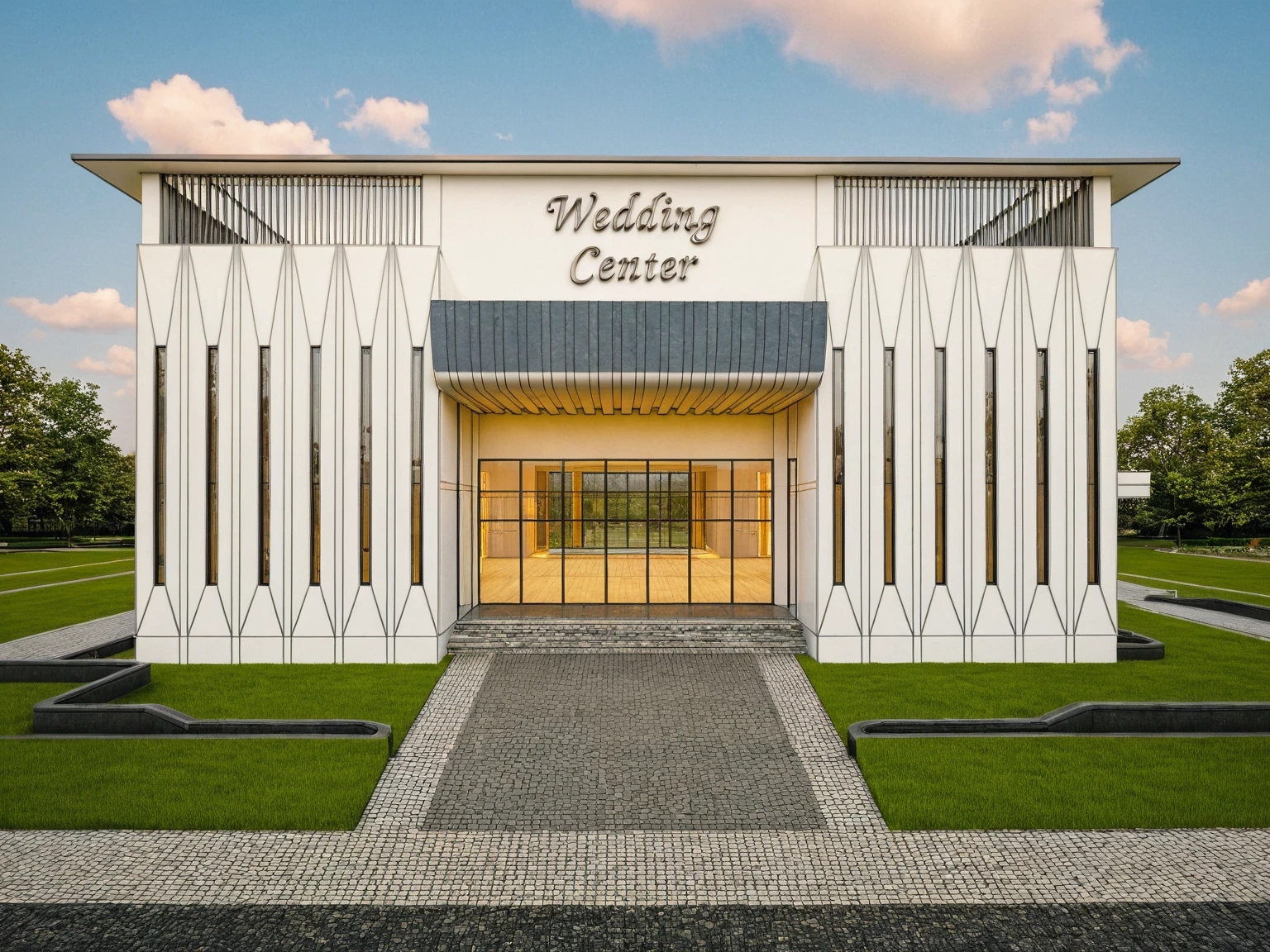 Masterpiece, high quality, best quality, authentic, super detail, outdoors, house style neoclassic,  wedding center, white wall, glass windows, gate road, pavement, grass, trees, blue sky, sunset, cloud, (day:1.1), realistic lighting
