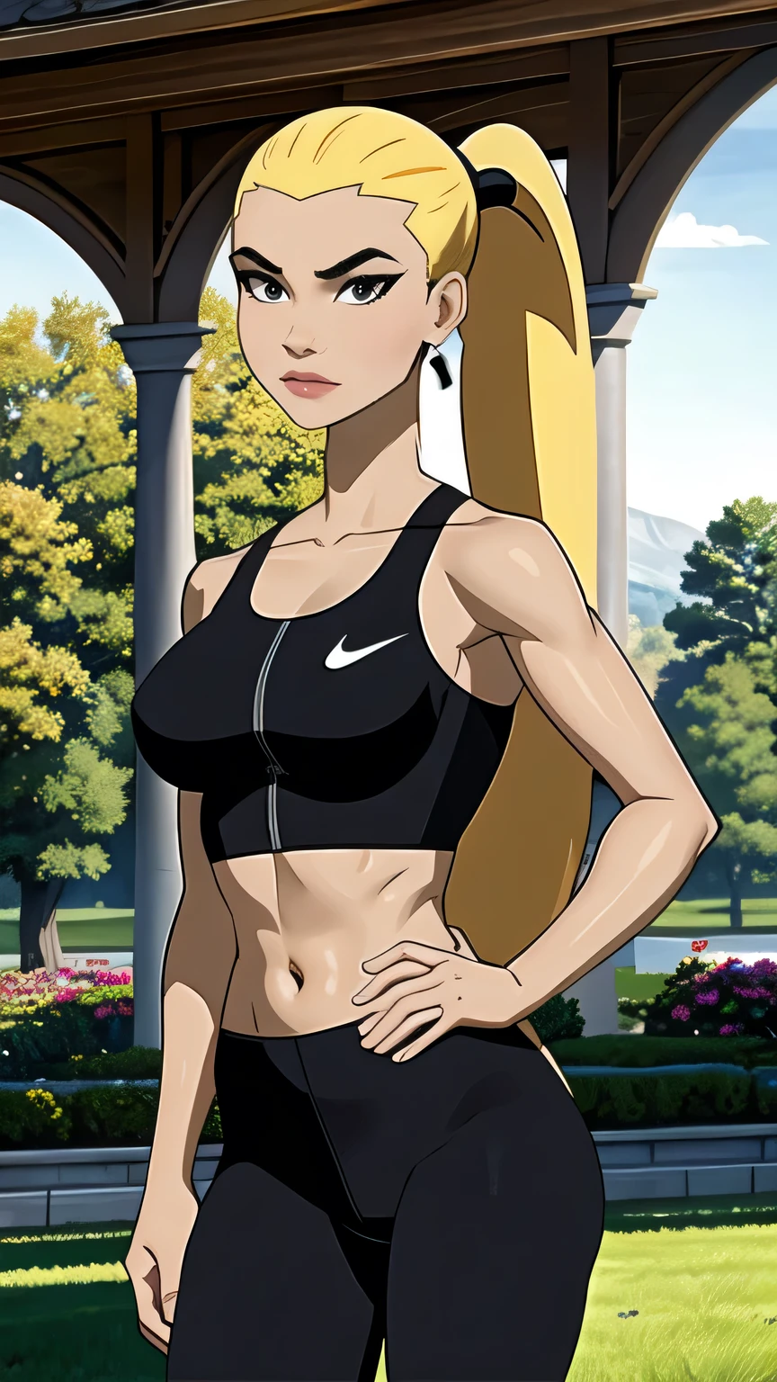 (cowboy shot), (masterpiece, best_quality, ultra-detailed, immaculate:1.3), epic, illustration,
BREAK
ArtemisYJ, ponytail,super long hair,
(Black sports bra),leggings,(nike),medium breast 
BREAK
(courtyard, garden, outdoors, gorgeous view)