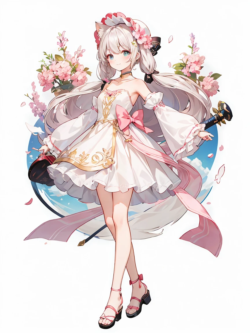 Chattotori， 1girll， pink sleeve， solo，Cat ears， Long ponytail，Gorgeous cake dress， full bodyesbian，adolable， a skirt， looking at viewert， shift dresses， exposed bare shoulders， Bare legs， Beautiful detailed eyes， Be red in the face， standing on your feet， clavicle， No shoulder strap， bucket-hat， Footwear， leges， frilld， flatchest， short skirt， Bow knot， longer sleeves， arms at sides， beatiful background，beautiful illustration, best quality, cute girl, happy, dynamic angle, armpit,masterpiece, best quality, 1girl, solo, long_hair, looking_at_viewer, white hair twintails, grees eyes, smile, bangs, white princess dress, long_sleeves, hat, dress, bow, holding, closed_mouth, flower, frills, hair_flower, petals, bouquet, holding sword, center_frills, bonnet, holding_bouquet, tachi-e, full body