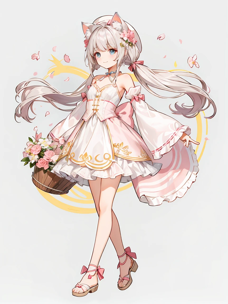 Chattotori， 1girll， pink sleeve， solo，Cat ears， Long ponytail，Gorgeous cake dress， full bodyesbian，adolable， a skirt， looking at viewert， shift dresses， exposed bare shoulders， Bare legs， Beautiful detailed eyes， Be red in the face， standing on your feet， clavicle， No shoulder strap， bucket-hat， Footwear， leges， frilld， flatchest， short skirt， Bow knot， longer sleeves， arms at sides， beatiful background，beautiful illustration, best quality, cute girl, happy, dynamic angle, armpit,masterpiece, best quality, 1girl, solo, long_hair, looking_at_viewer, white hair twintails, grees eyes, smile, bangs, white princess dress, long_sleeves, hat, dress, bow, holding, closed_mouth, flower, frills, hair_flower, petals, bouquet, holding sword, center_frills, bonnet, holding_bouquet, tachi-e, full body