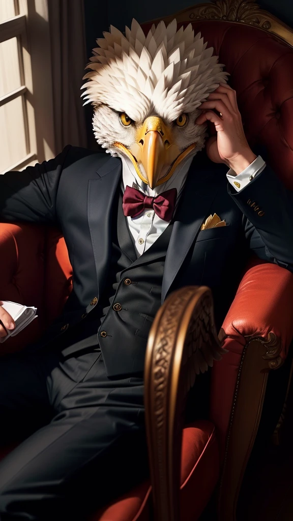Anthropomorphic eagle wearing a suit,Sitting in a chair like a company president, YouTube video screenshot, The bird is wearing a bow tie, still from live action movie, Live action scenes, Threatening gaze, gentleman, Very emotional, Music video screenshot,