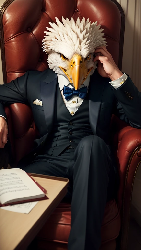 Anthropomorphic eagle wearing a suit,Sitting in a chair like a company president, YouTube video screenshot, The bird is wearing a bow tie, still from live action movie, Live action scenes, Threatening gaze, gentleman, Very emotional, Music video screenshot,