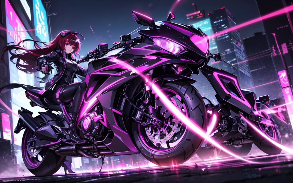 It transports me to a cyberpunk world full of mystery and futurism. I imagine this anime girl on her cyberpunk motorcycle, surrounded by neon lights in a night city. His purple and black suit, The shiny chains and her red hair create an intriguing image. The motorcycle, with its shiny surface and cat-shaped helmet, adds a touch of enigma. It&#39;s like she&#39;s ready for an exciting nighttime adventure!! .