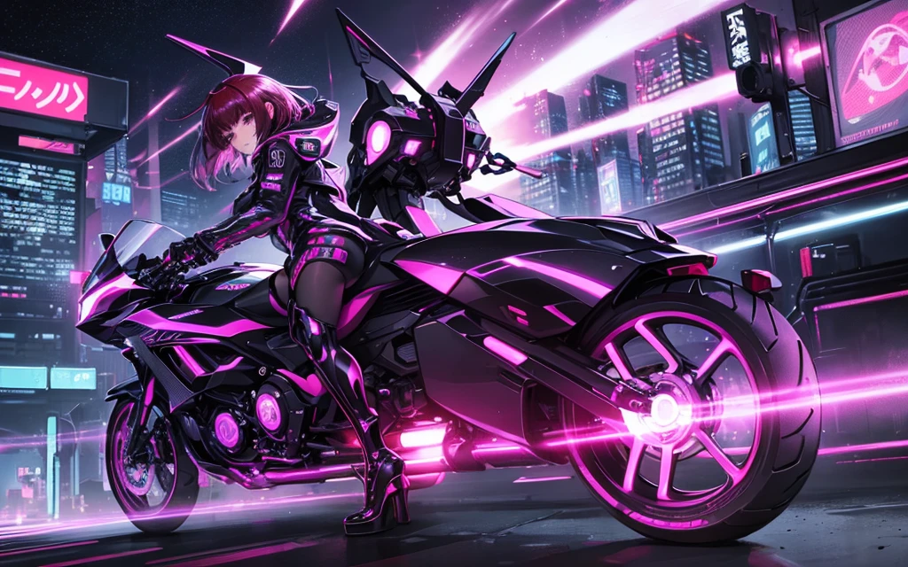 It transports me to a cyberpunk world full of mystery and futurism. I imagine this anime girl on her cyberpunk motorcycle, surrounded by neon lights in a night city. His purple and black suit, The shiny chains and her red hair create an intriguing image. The motorcycle, with its shiny surface and cat-shaped helmet, adds a touch of enigma. It&#39;s like she&#39;s ready for an exciting nighttime adventure!! .