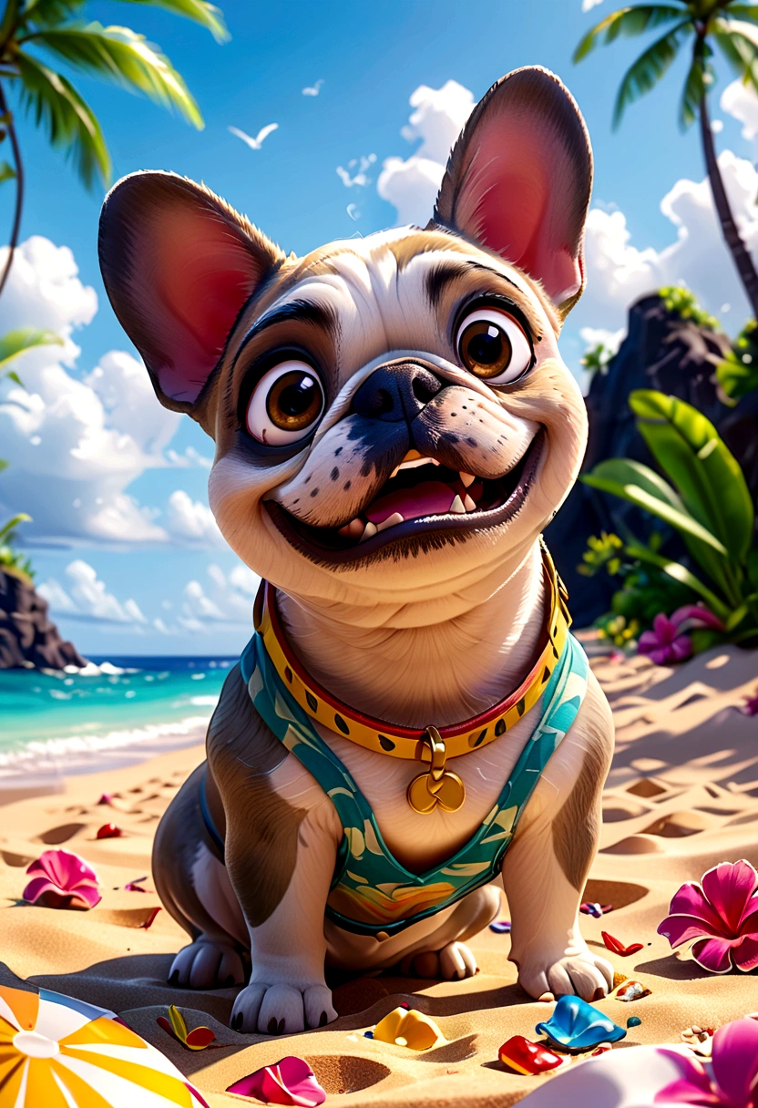 （Highest quality，4K，8K，High resolution，）Private beach in Hawaii at noon、Infinity symbol，3D Model，Colorful colors，Hawaii private beach background、pop，From the central viewer&#39;perspective、French Bulldog iidSummer StylePatissierFashionStyle，To the beach、face、Under the chin、Stomach、head、feet、ear、all、Light grey skinned French bulldog，Very delicate
