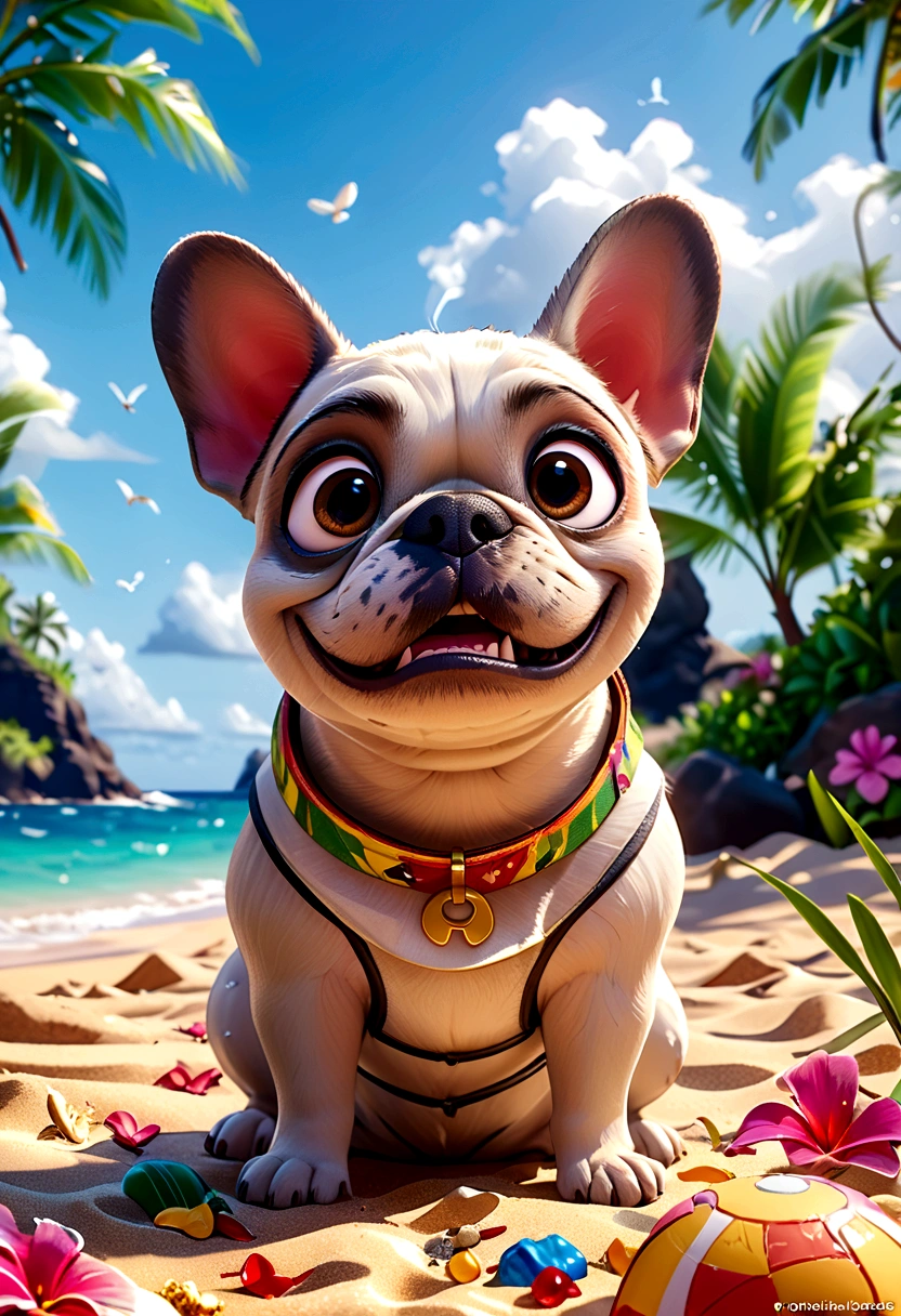 (Highest quality,4K,8K,High resolution,)Private beach in Hawaii at noon、Infinity symbol,3D Model,Colorful colors,Hawaii private beach background、pop,From the central viewer'perspective、French Bulldog iidSummer StylePatissierFashionStyle,To the beach、face、Under the chin、Stomach、head、feet、ear、all、Light grey skinned French bulldog,Very delicate