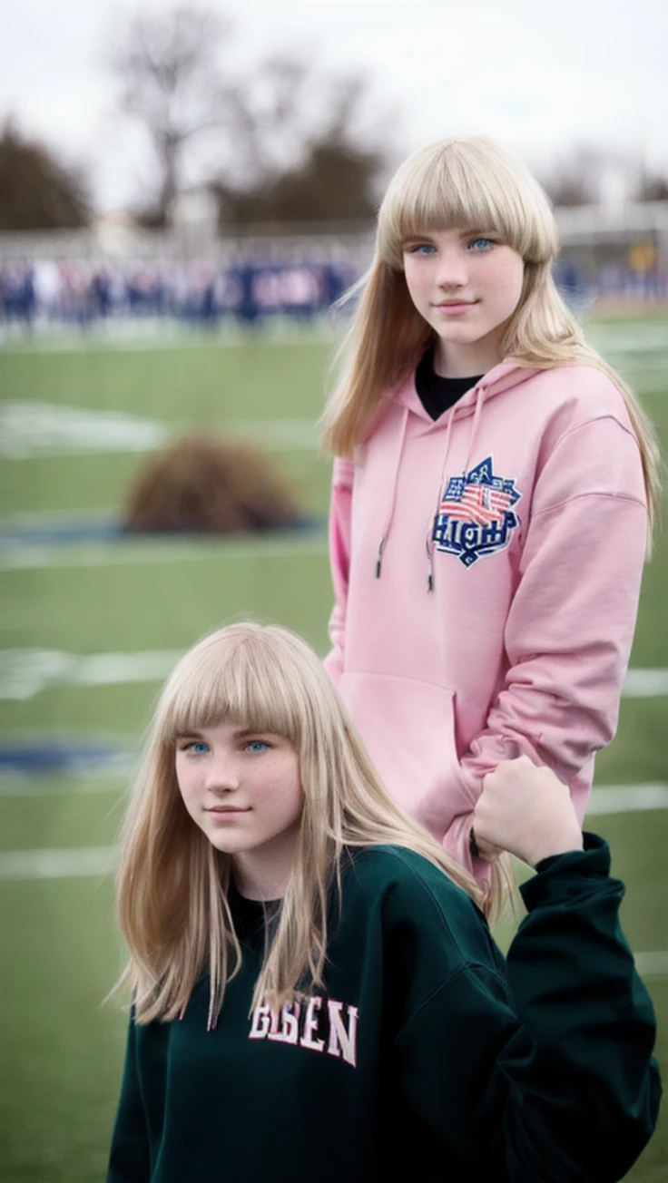 Pale blonde age girl with bangs and blue-green eyes in a black sweatshirt and pink pants in an American high school watching the American football game