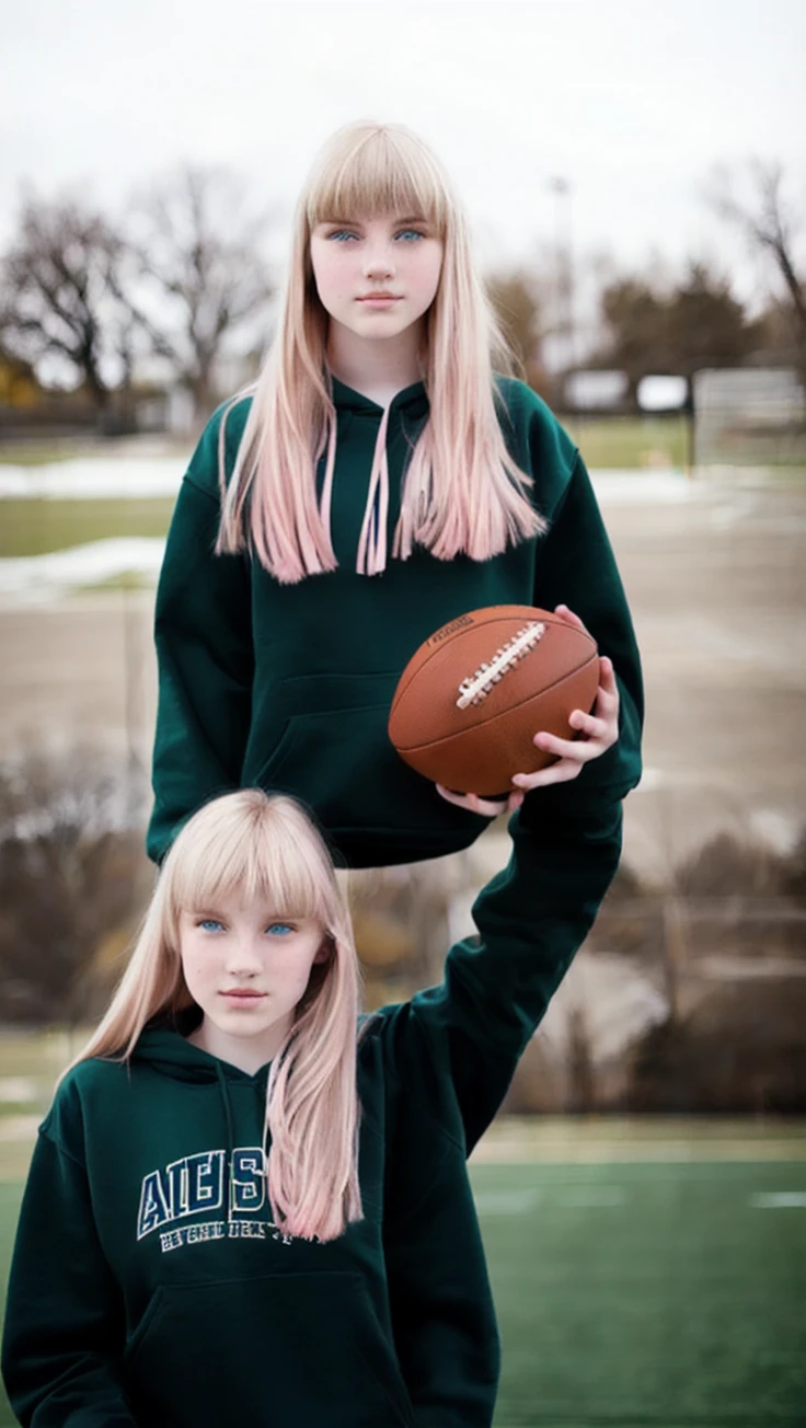 Pale blonde age girl with bangs and blue-green eyes in a black sweatshirt and pink pants in an American high school watching the American football game
