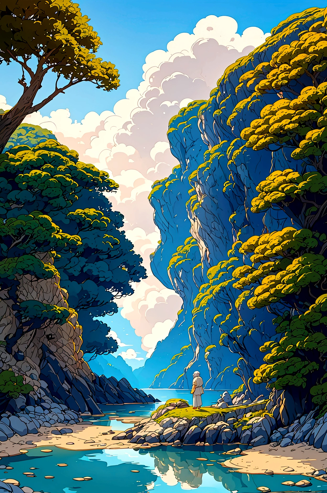 Create a high-quality anime-style image featuring an elderly man standing on a rocky cliff by the sea. The man has white hair, a beard, and is wearing round glasses. He is dressed in a white shirt, beige pants rolled up at the ankles, and white sneakers. His posture is relaxed, with his hands in his pockets, gazing thoughtfully into the distance.

The background consists of a clear blue sky filled with fluffy, white clouds. Below the cliff, there is a calm sea with boats and a small coastal village nestled at the foot of green, mountainous terrain. The scene captures a peaceful, reflective moment, with vibrant colors and detailed shading to emphasize the tranquil and contemplative atmosphere.