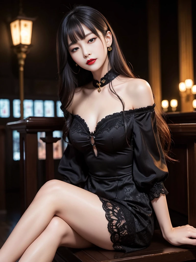 tra-detailed、Japanese、attractive beauty、seductive adult woman、pretty woman、piercing eyes、cool girl、wavy hair、swept bangs、Long Black and Gold Cheongsam、wide sleeves、Evil cadres、evil depravity、brainwash、mind control、lipstick、lip gloss、dark makeup、smirk、whisper in your ear、Evil expression、evil、hollow eyes,half-closed eyes、empty eyes、evil、church at night、vampire、succubus、vampire、Swear allegiance、sexy pose、Off-shoulder、Crop topping、Showing thighs、tempting、seductive
