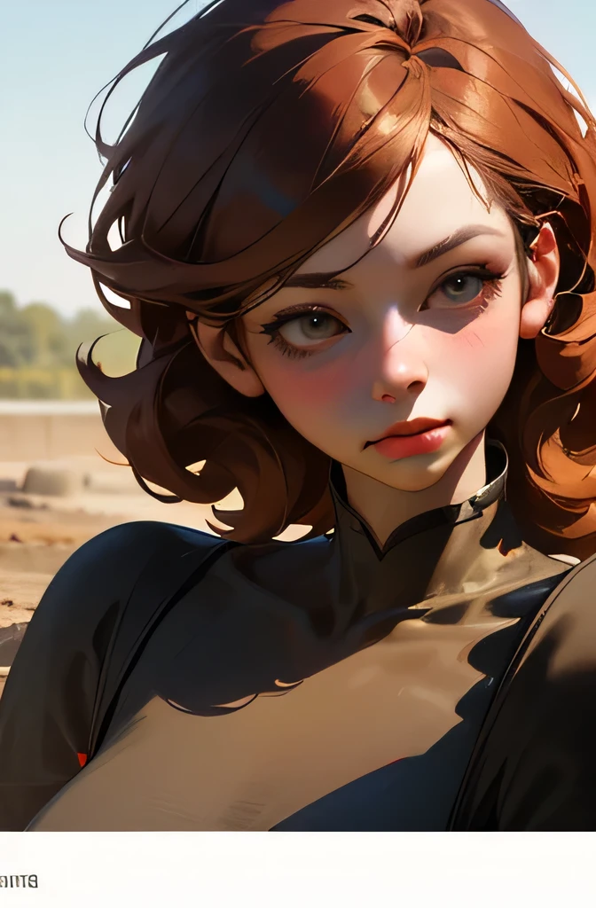 Highest quality、Ultra-realistic, 4K, Professional portrait, Science fiction、My name is Erna Ginger、19-year-old female, Tea-colored hair,Curly hair、High resolution, A rare beauty、Detailed face, tea-colored eyes、Droopy eyes,Possessing a mysterious and mysterious power、Walking alone in the wilderness、Dirty with sand and dust after a long journey、 masterpiece, Realistic Background, Realistic photos