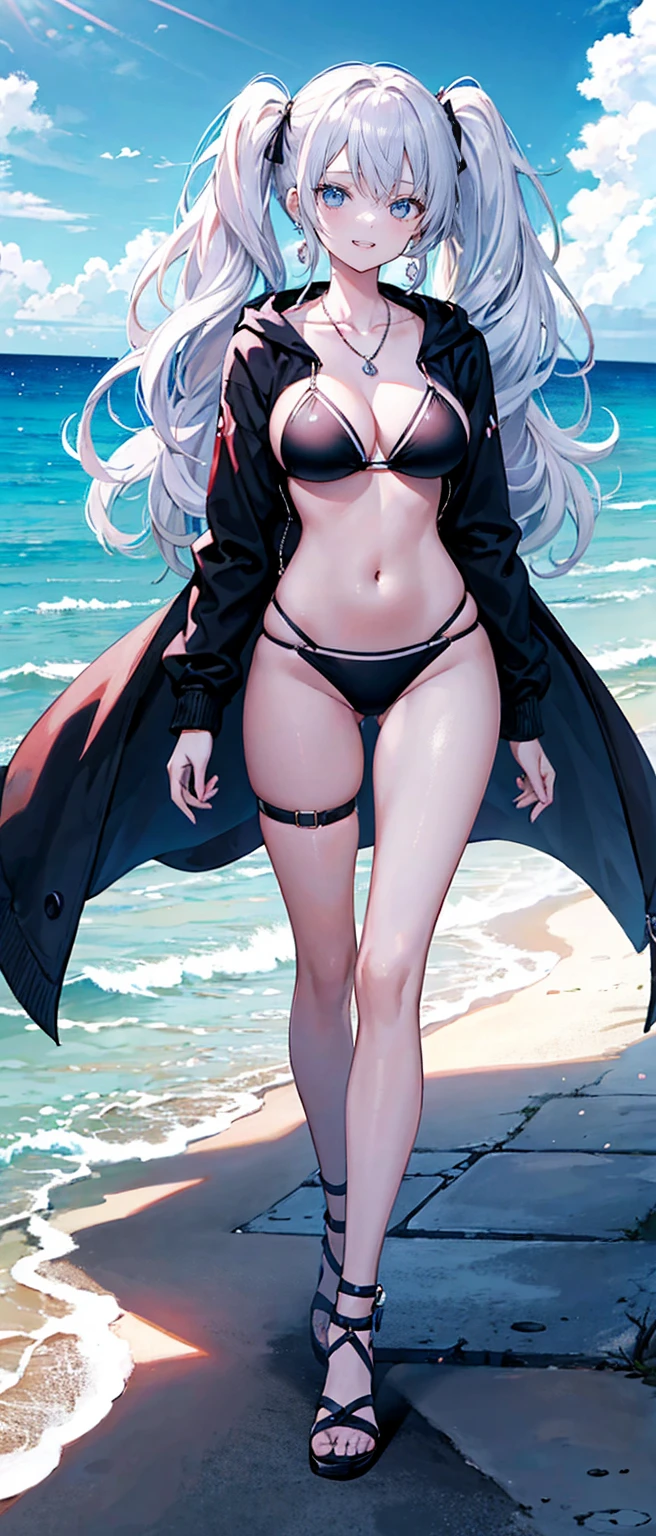 High resolution, high resolution,2D Anime Style,,Cool woman,Gal,tall,20th Generation,White hair long hair,Curly hair twin tails,Light blue eyes,Gal,Beautiful watch,Beautiful earrings,Lots of beautiful necklaces,Black Bikini,Opened hoodie,He is smiling,Has fangs,whole body,Walking on the beach,