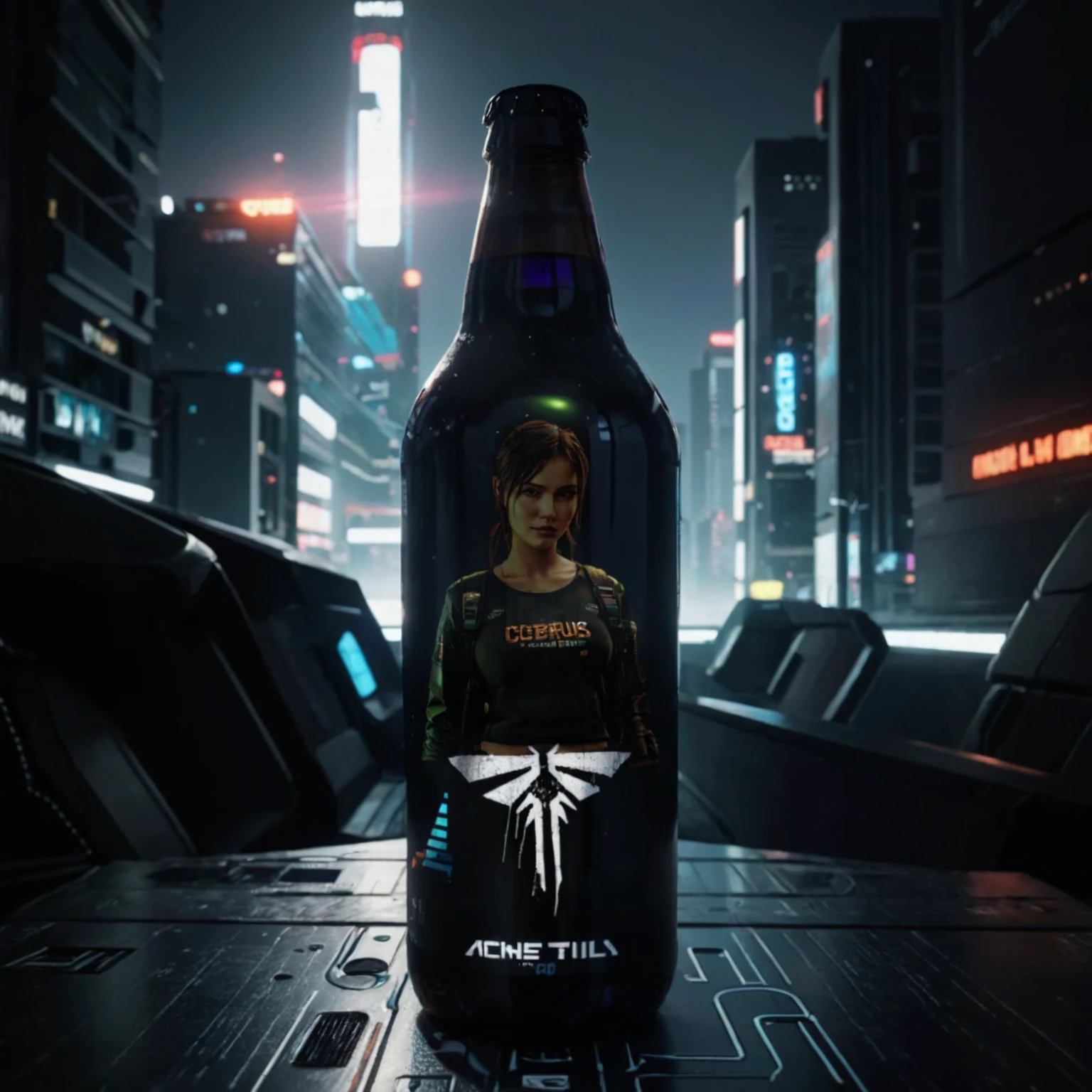 One bottle in the picture.A bottle of cyber beer presented in cyberpunk style, with characteristic elements: smooth, matte coating, decorated with bright neon luminous inserts. Design includes digital pixel patterns and abstract graphic elements, creating the effect of digital disruption and the future of the technological world. The main color of the bottle is deep purple, red, orange or green. Выполнено в стиле игры the last for us