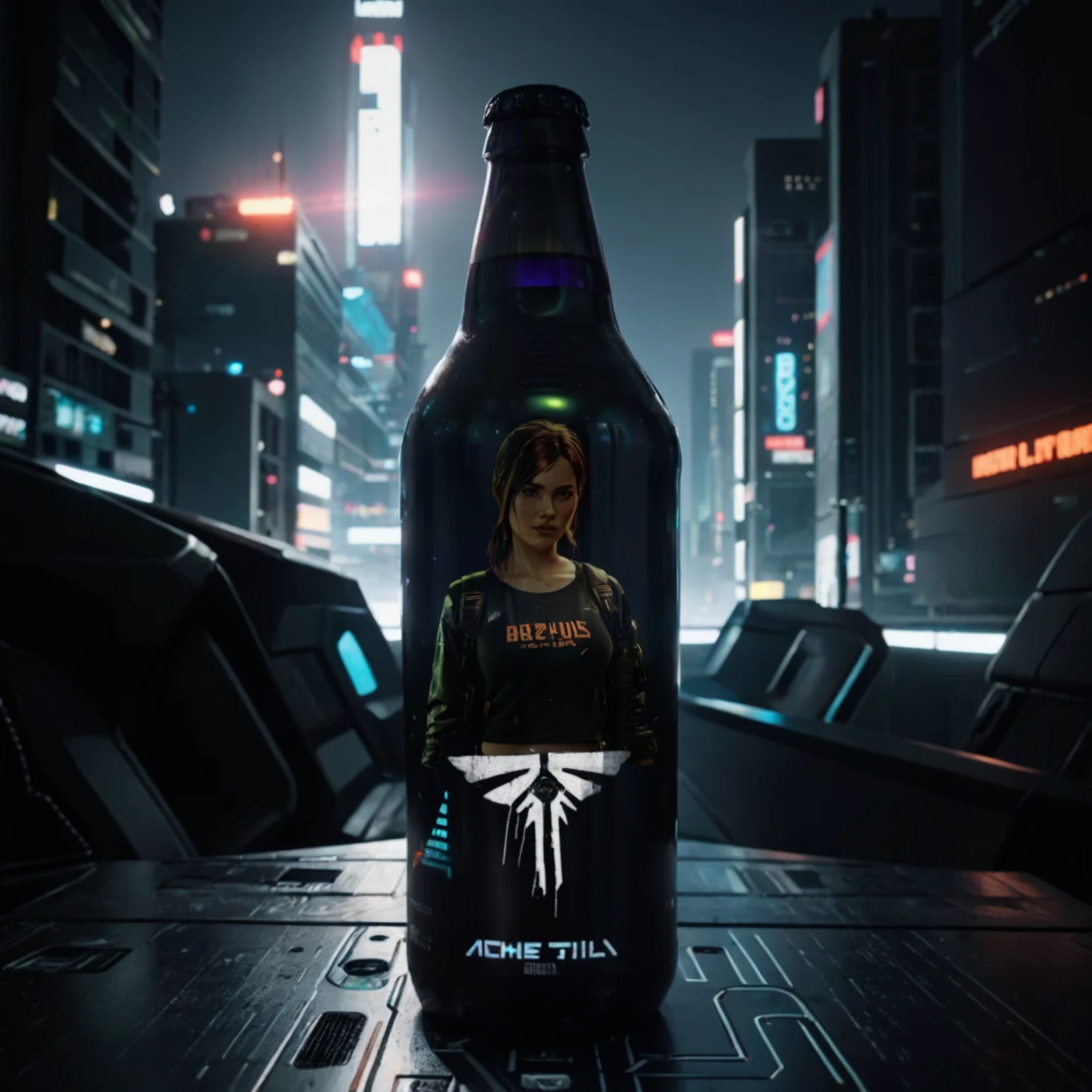 One bottle in the picture.A bottle of cyber beer presented in cyberpunk style, with characteristic elements: smooth, matte coating, decorated with bright neon luminous inserts. Design includes digital pixel patterns and abstract graphic elements, creating the effect of digital disruption and the future of the technological world. The main color of the bottle is deep purple, red, orange or green. Выполнено в стиле игры the last for us