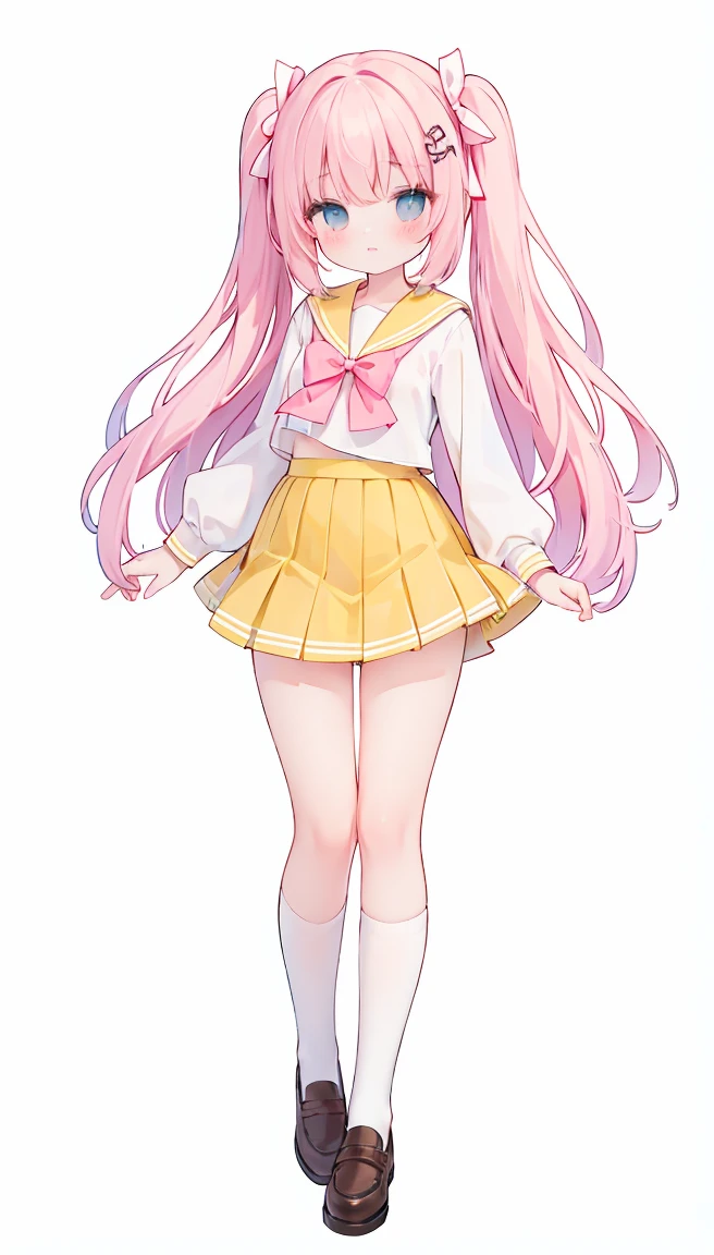 masterpiece, best quality, high resolution, white simple background, standing, slim waist, cute, sailor uniform, pink bow tie, yellow skirt, knee high long socks, (Pastel Colors: 1.3), full body