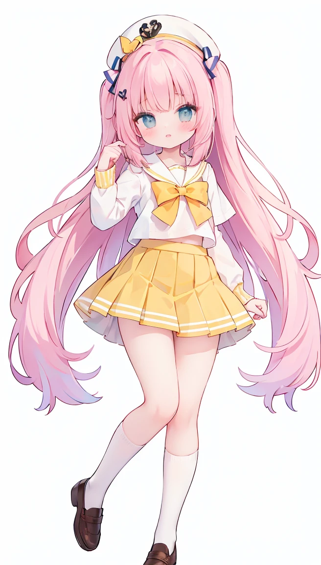 masterpiece, best quality, high resolution, white simple background, standing, slim waist, cute, sailor uniform, pink bow tie, yellow skirt, knee high long socks, (Pastel Colors: 1.3), full body