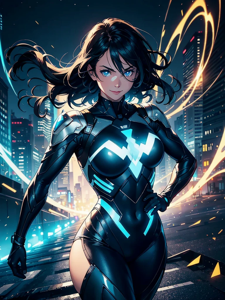 16K, HDR,UHD, RTX, ray tracing, chiaroscuro, best quality, masterpiece, ethereal, perfect illustration, digital artwork, trending on artstation, jaw-dropping perfection, ultra realistic, textured amazing lighting effects, perfect shadows, WLOP, 1girl, beautiful mature edgy woman in a cool long jacket and black pants, superhero suit, stomach covered by clothing, shoulder-length hair, shoulder-length hair, wavy hair, black hair, highly detailed glowing blue eyes, glowing eyes, blue eyes, beautiful glowy blue eyes, detailed eyes, beautiful face, perfect anatomy, broad shoulders, strong upper-body, modern city, city, beautiful weather, stunning sunshine, sunny, daylight, sunlight, modern, nature, daytime, superhero, uplifting, heroic, heroic pose, smiling, smiling at camera, athletic, hands near hips, glowy eyes, daytime, black and blue superhero suit, metal shoulder-pads, summertime, radiant sunlight, beautiful cityscape, hair blowing in wind, manly shoulders, big smile, wide smile, happy eyes, joyful, smiling with teeth, very tall, wide shoulders, tall