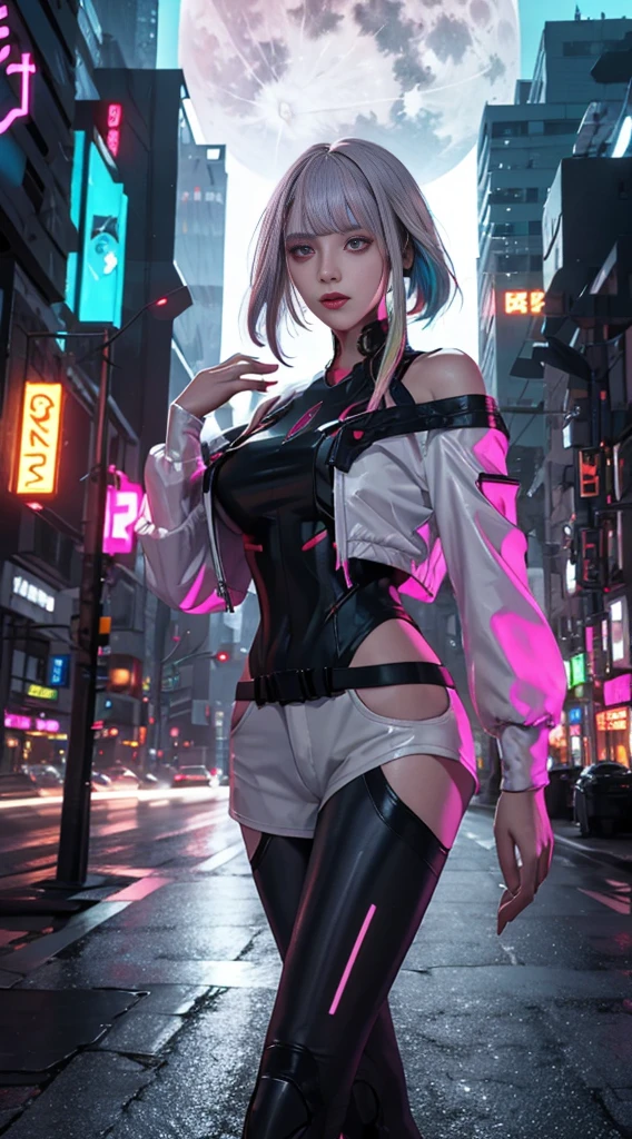 (RAW photo, best quality, masterpiece:1.2), (realistic, photo-realistic:1.4),(masterpiece:1.4),(best quality:1.4), ((cyberpunk catgirl)) solo, :d, (headphones), arms up, bangs, blush, bodysuit, breasts, dynamic pose, clothes writing, cowboy shot, cropped jacket, gloves, (((cyberpunk city streets background))), hair intakes, headphones, tech bodysuit, impossible clothes, tech jacket, large breasts, long hair, long sleeves, looking at viewer, open mouth, pink bodysuit, pink eyes, red jacket, shrug \(clothing\), sidelocks, skin tight, smile, (((thigh gap))), thighs, twintails, very long hair, white gloves, white hair,alice \(nikke\),(shiny skin),realistic.