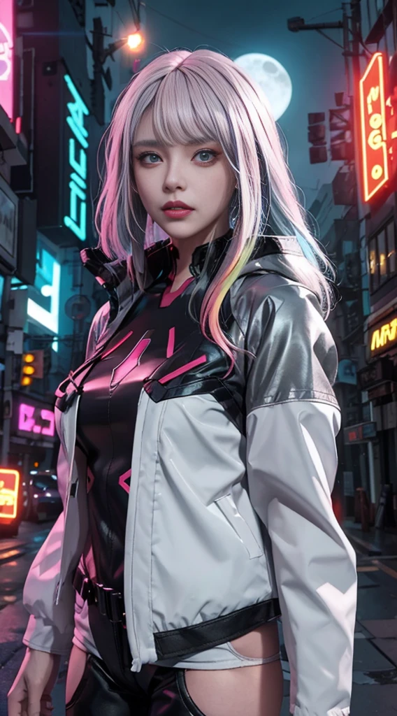 Lucy \(cyberpunk\), 1 girl, hair scrunchy, hime cut, silver hair, colored tips, full moon, grey eyes, Jacket, long sleeves, looking at the viewer, medium hair, multicolor fur, split bangs, Chapped lips, pink hair, portrait, red eyeliner, Red lips, Alone, white Jacket, cyberpunk \(series\), rainy night in a cyberpunk city with glowing neon lights