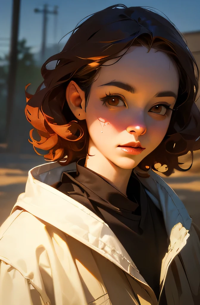 Highest quality、Ultra-realistic, 4K, Professional portrait, Science fiction、My name is Erna Ginger、19-year-old female, Tea-colored hair,Curly hair、High resolution, A rare beauty、Detailed face, tea-colored eyes、Droopy eyes,Walking alone in the wilderness、Dirty with sand and dust after a long journey、 masterpiece, Realistic Background, Realistic photos
