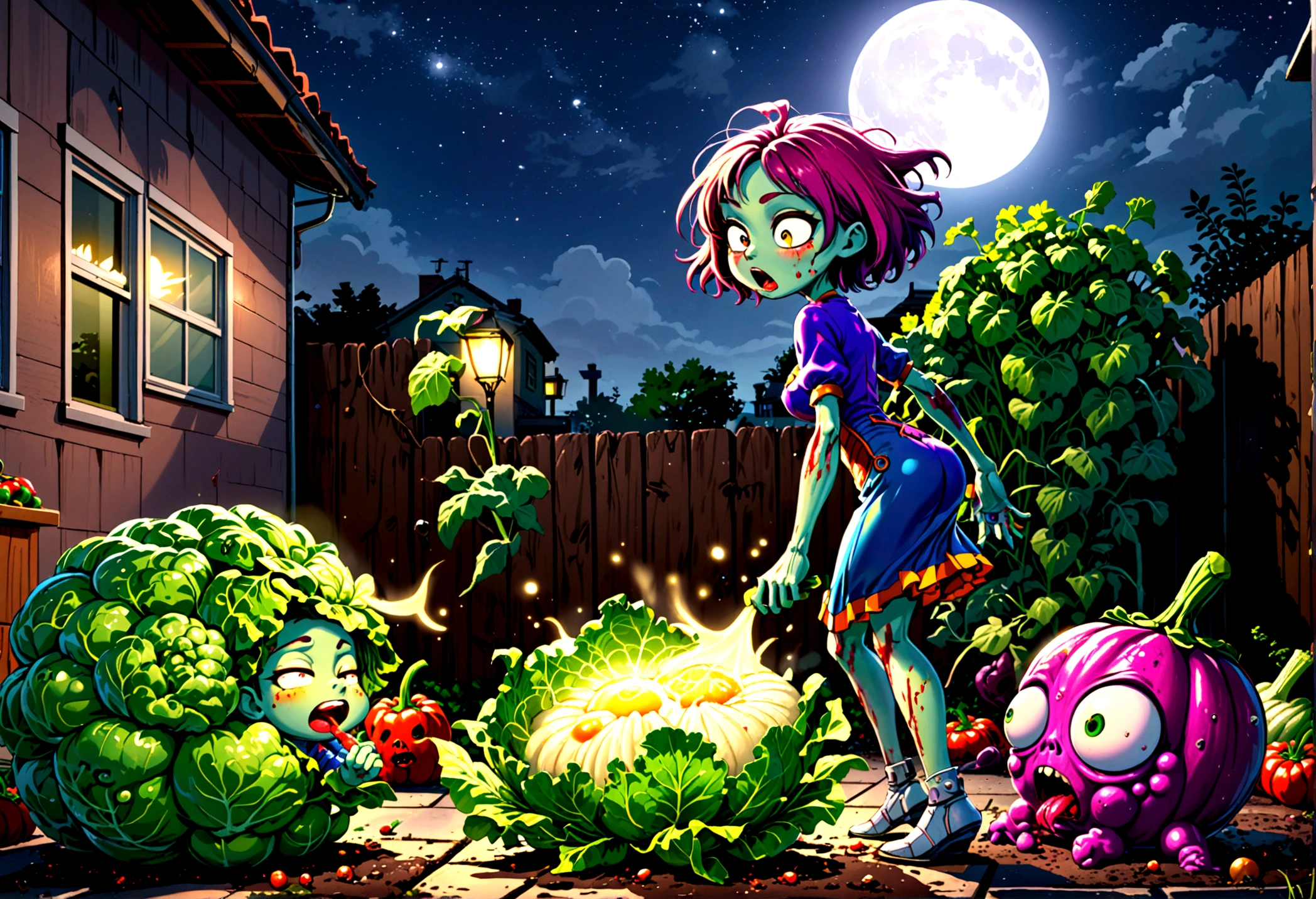 Cartoonish, (Humanoid vegetables) emerge from the garden to do battle with (shambling, half rotten human zombies), moonlit backyard